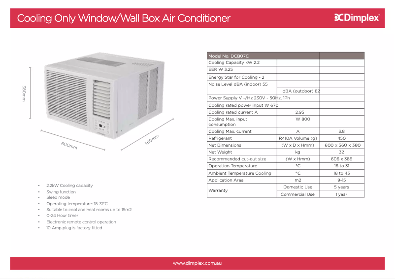 Página 1 del manual Ficha técnica Dimplex DCB07C