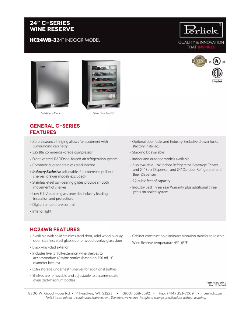 Página 1 del manual Ficha técnica Perlick C-Series HC24WB-3-3R