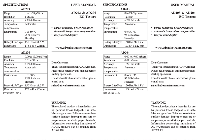 Imagen de la primera página del manual del dispositivo AD204