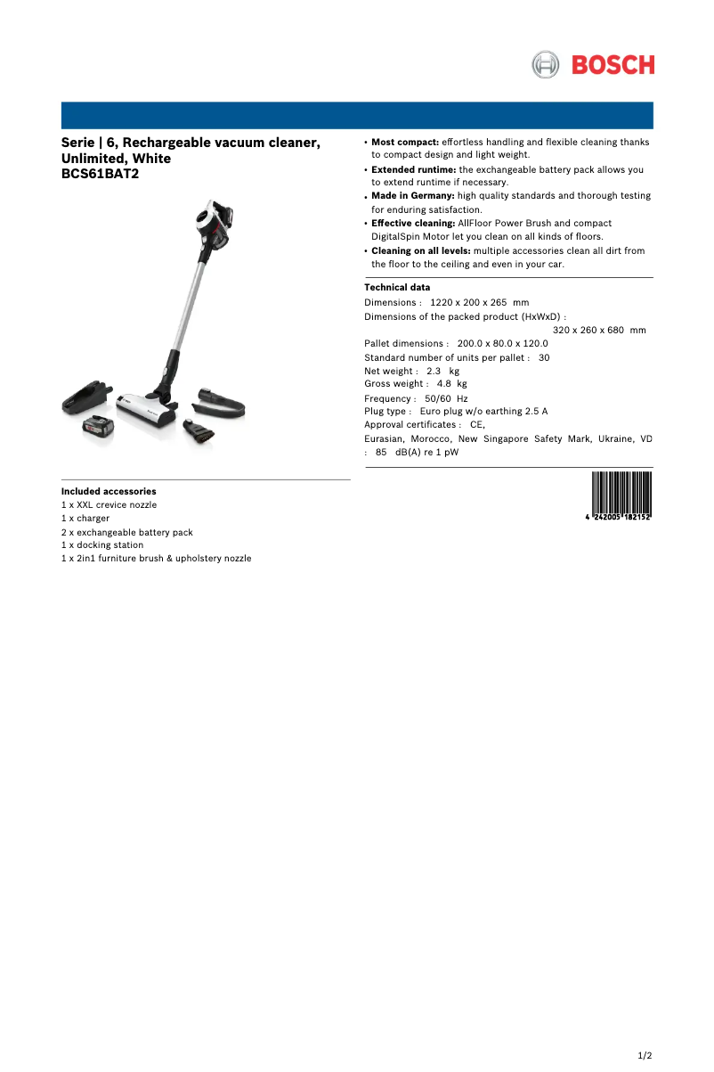 Página 1 del manual Ficha técnica Bosch Unlimited Serie 6 BCS61BAT2