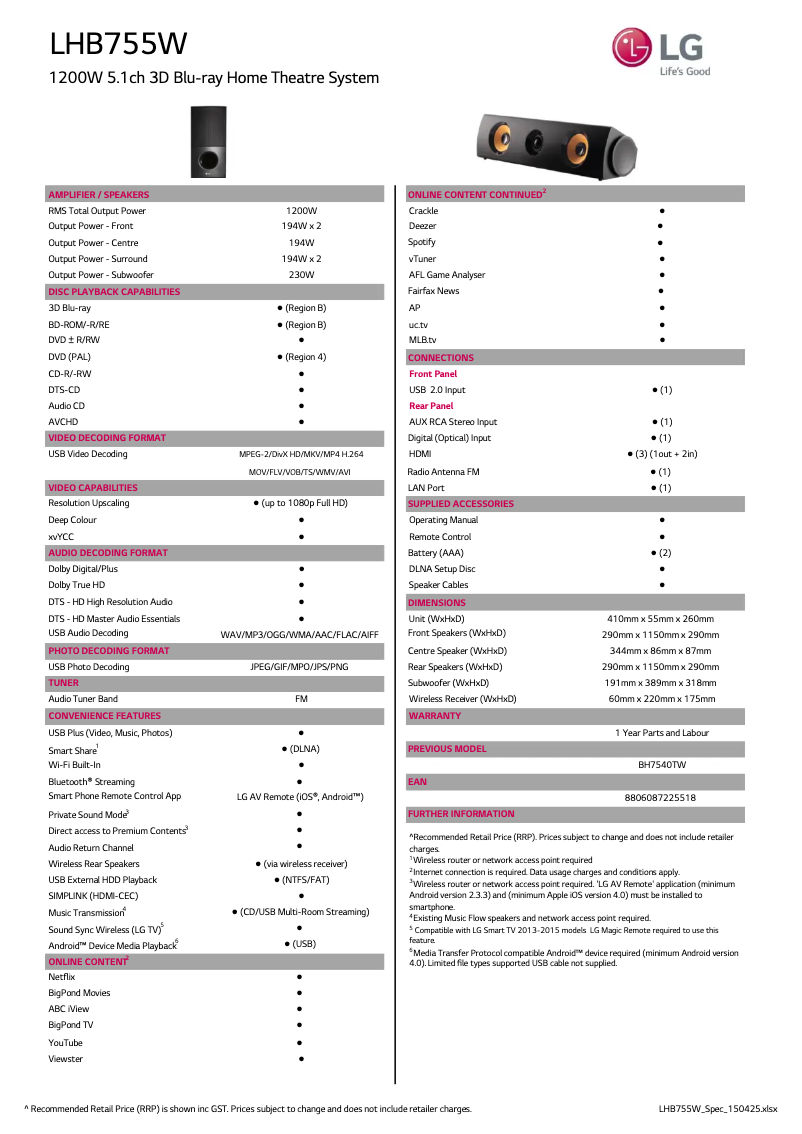 Imagen de la primera página del manual del dispositivo LHB755W