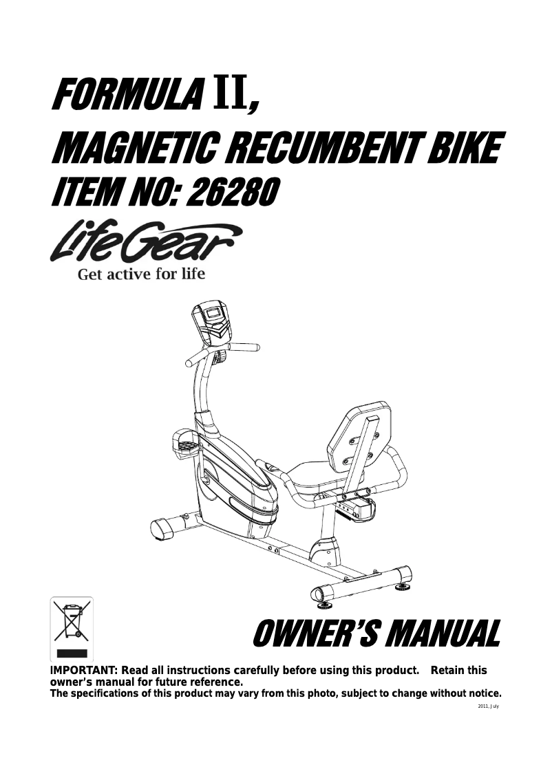Imagen de la primera página del manual del dispositivo Formula II Magnetic Recumbent Bike 26280