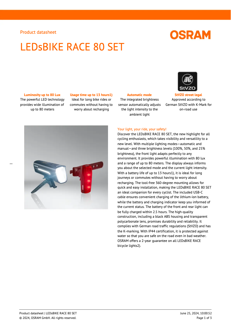 Página 1 del manual Ficha técnica Osram LEDsBIKE RACE 80 SET