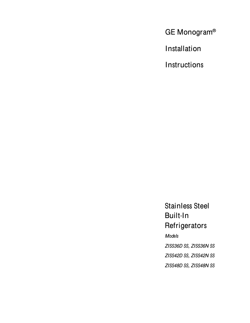 Página 1 del manual Guía de instalación GE ZISS48DCSS