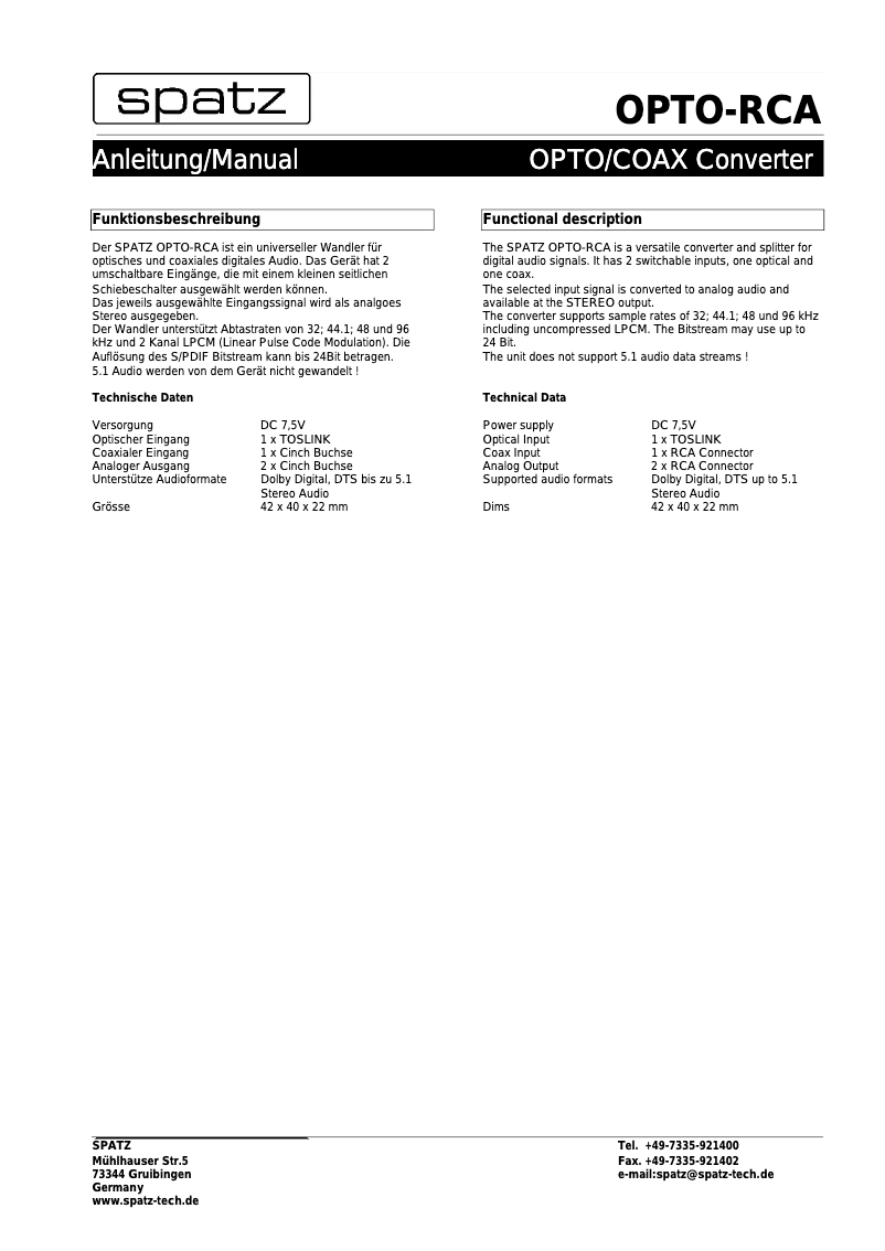 Imagen de la primera página del manual del dispositivo OPTO-RCA