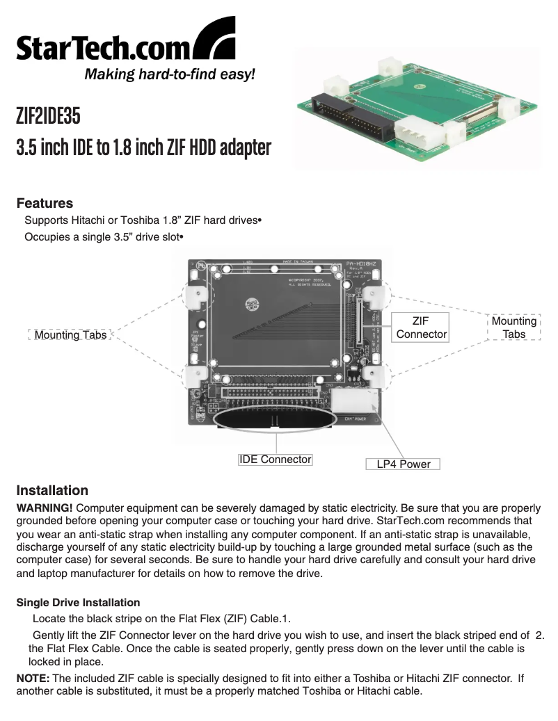 Imagen de la primera página del manual del dispositivo ZIF2IDE35