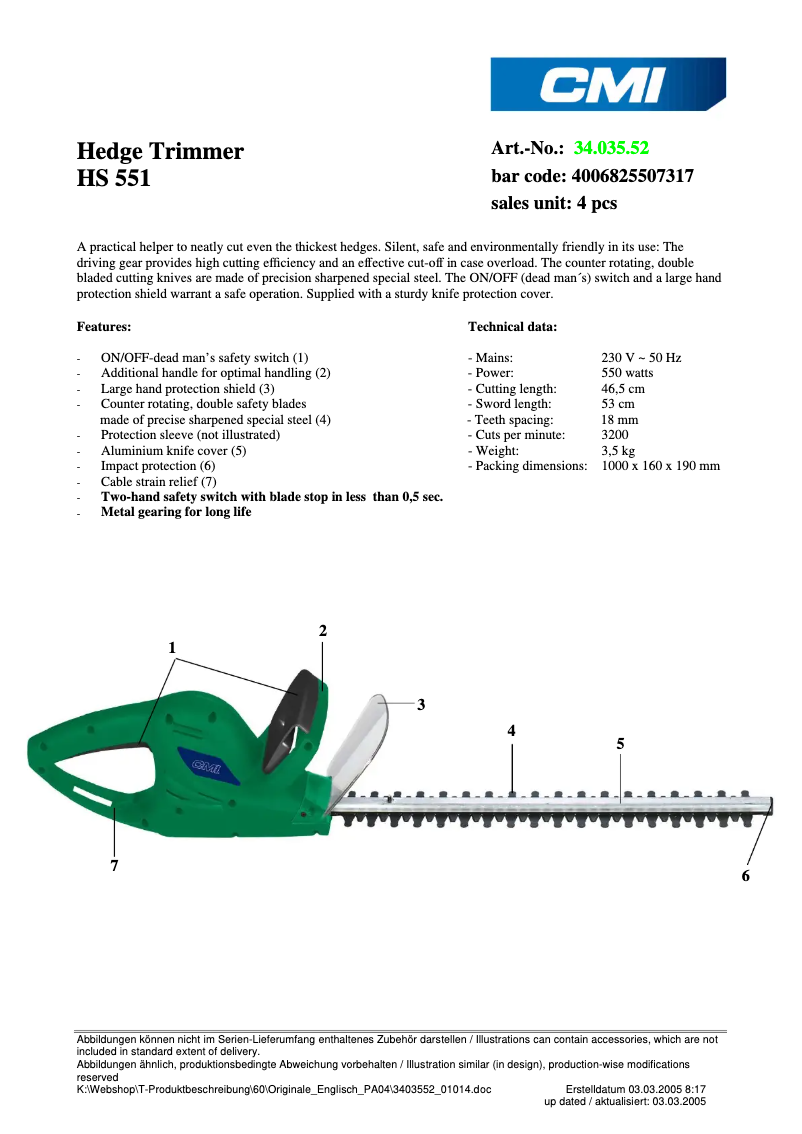 Página 1 del manual Ficha técnica CMI HS 550/1
