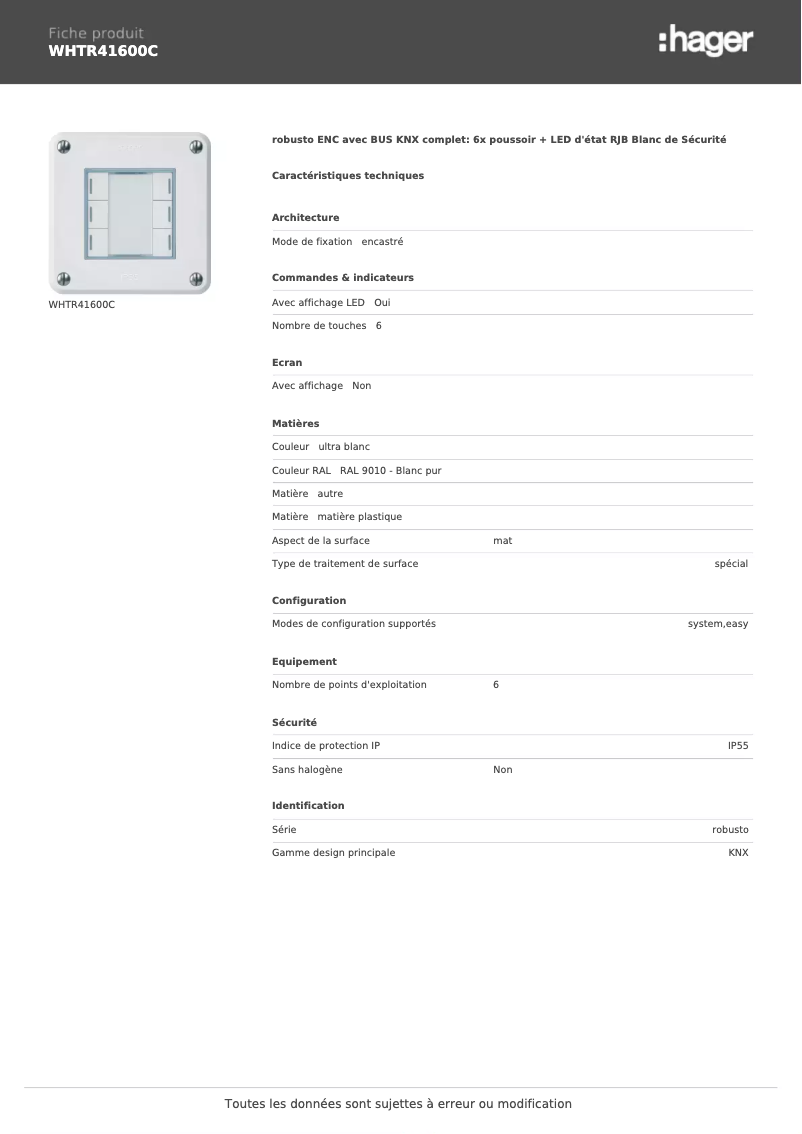 Página 1 del manual Ficha técnica Hager WHTR41600C