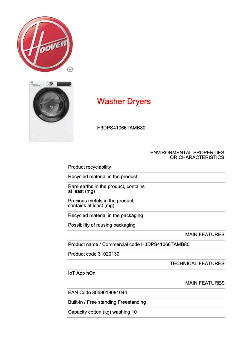 Página 1 del manual Ficha técnica Hoover H3DPS41066TAMB80