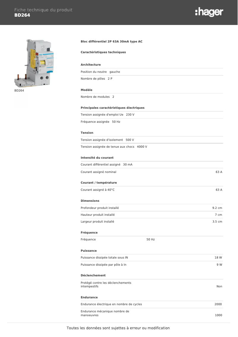 Página 1 del manual Ficha técnica Hager BD264