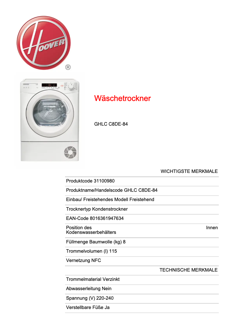 Página 1 del manual Manual de usuario Hoover GHLC C8DE-84