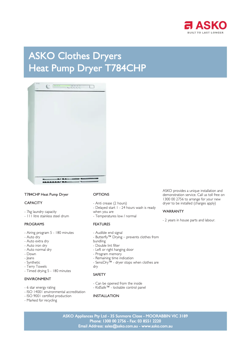 Página 1 del manual Ficha técnica Asko T784CHP