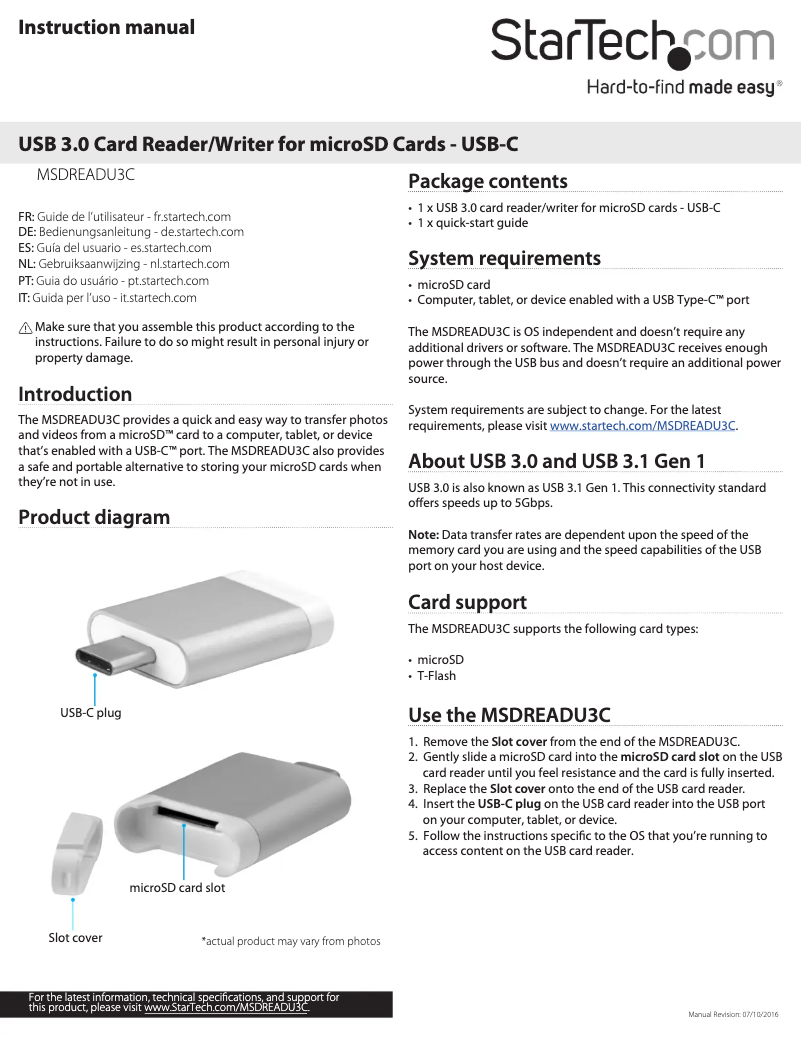 Página 1 del manual Manual de usuario StarTech.com MSDREADU3C