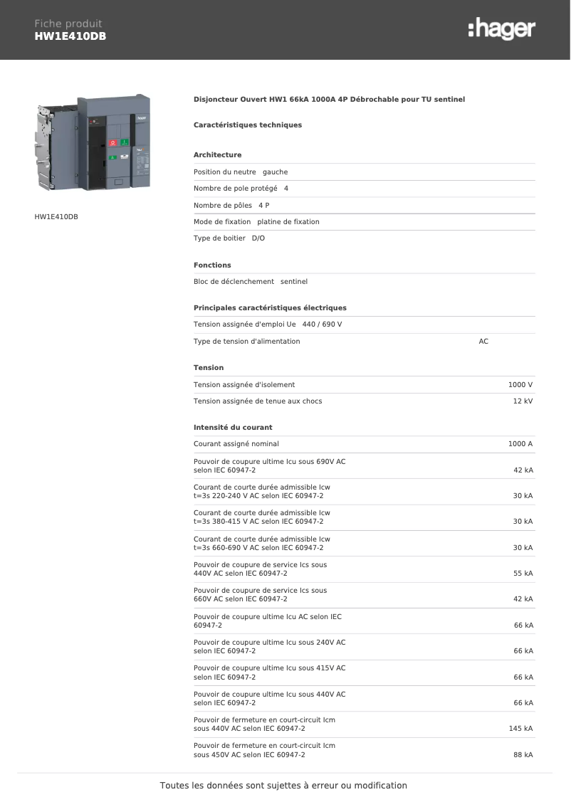 Página 1 del manual Ficha técnica Hager HW1E410DB