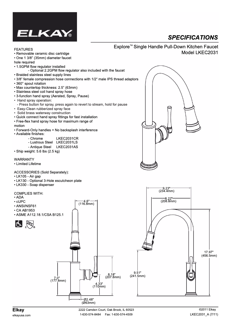 Página 1 del manual Ficha técnica Elkay LKEC2031LS