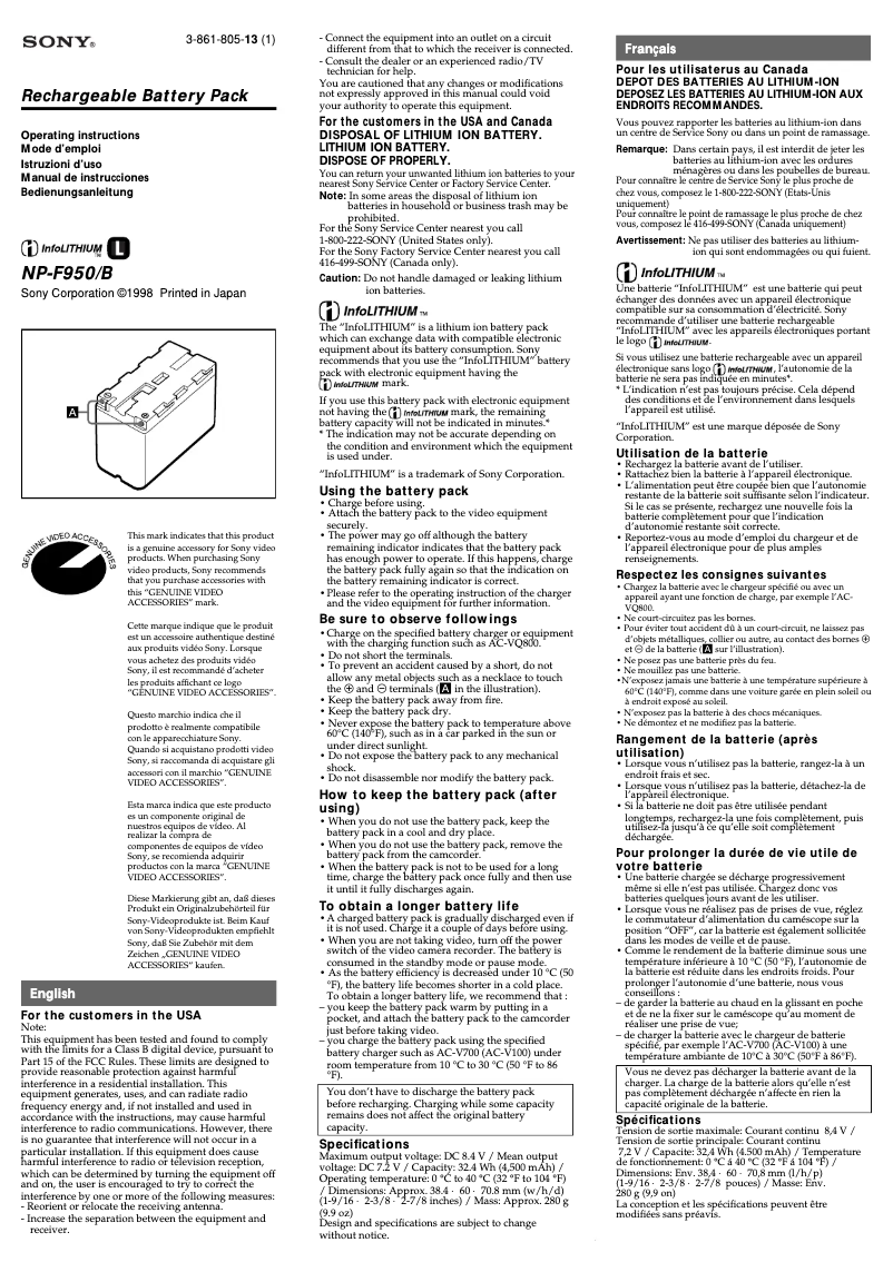 Imagen de la primera página del manual del dispositivo NP-F950