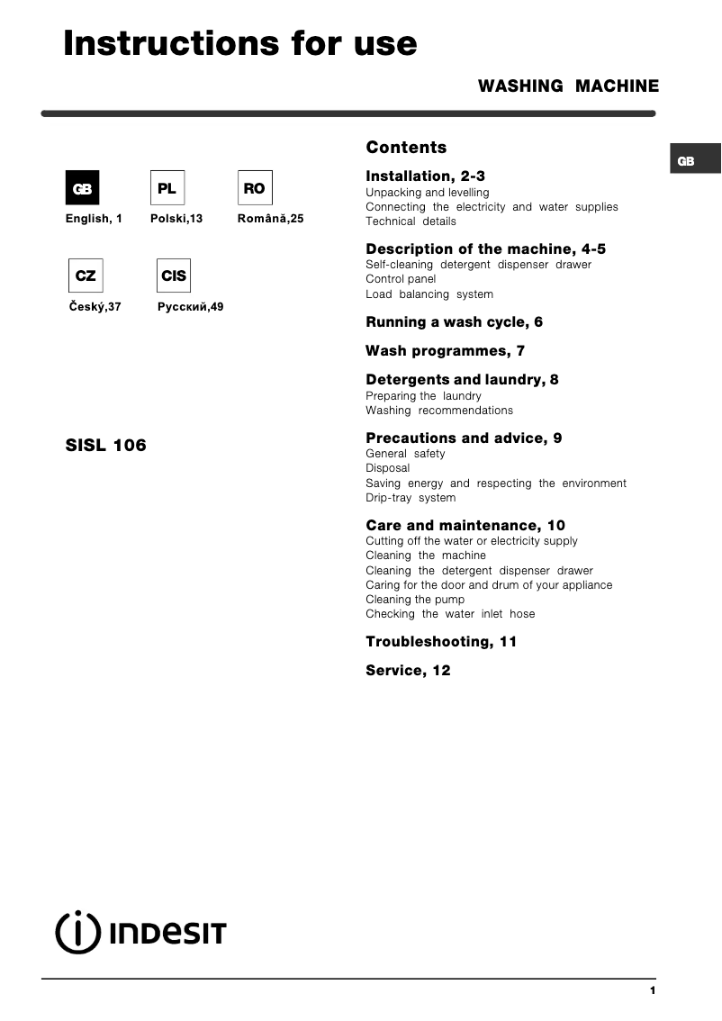 Página 1 del manual Manual de usuario Indesit SISL 106