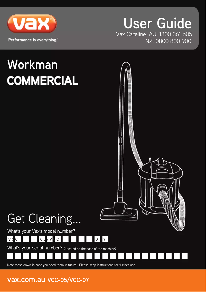 Imagen de la primera página del manual del dispositivo Workman Commercial VCC-07