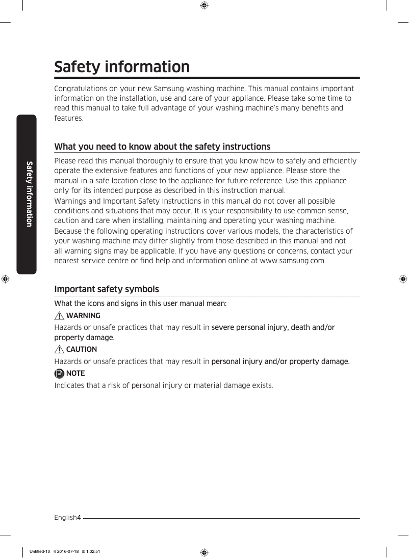 Imagen de la primera página del manual del dispositivo WW90K44305W