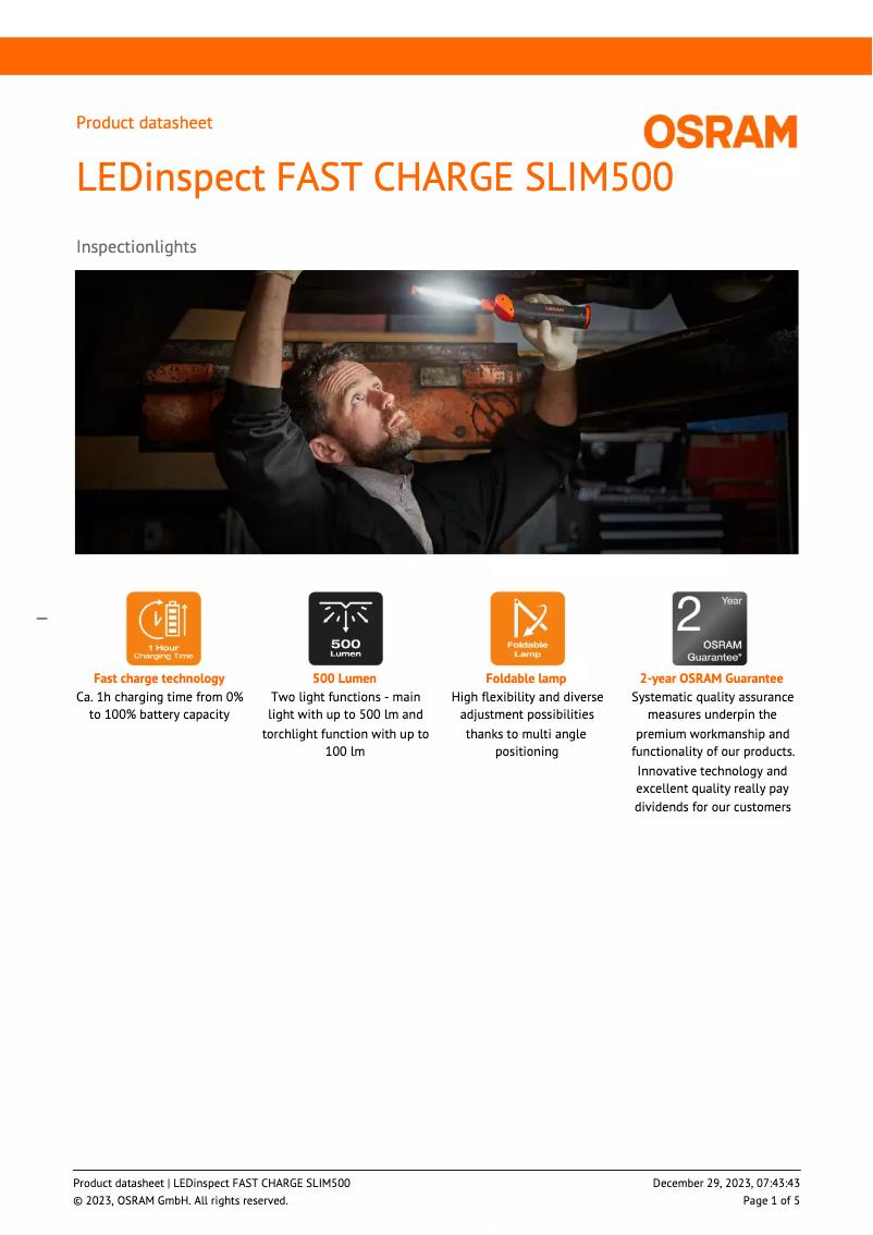 Página 1 del manual Ficha técnica Osram LEDinspect FAST CHARGE SLIM500