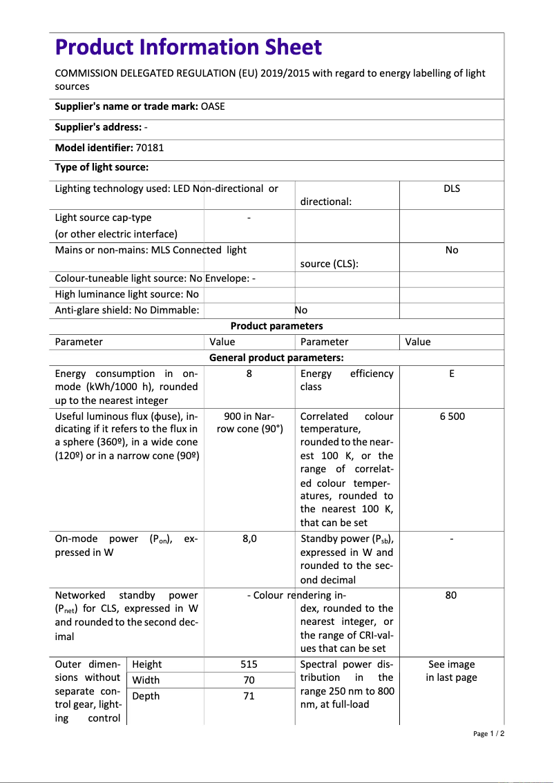 Página 1 del manual Ficha técnica Oase StyleLine 85