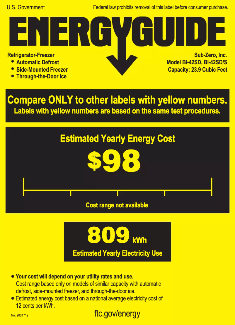 Página 1 del manual Etiqueta energética Sub-Zero BI-42SD/S/PH