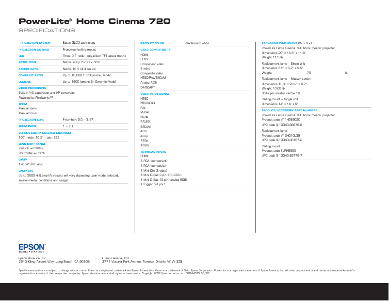 Imagen de la primera página del manual del dispositivo PowerLite Home Cinema 720