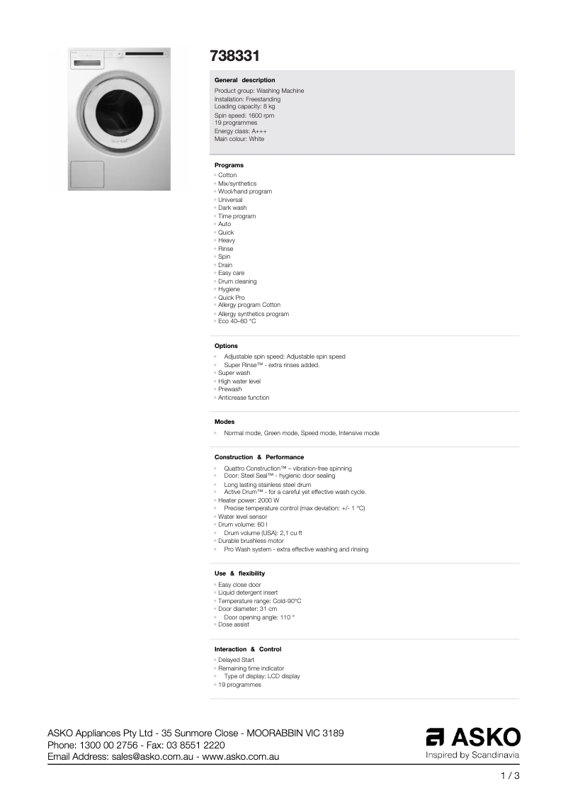 Página 1 del manual Ficha técnica Asko 738331
