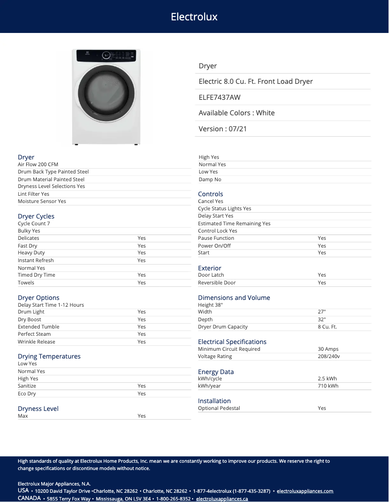 Página 1 del manual Ficha técnica Electrolux ELFE7437AW