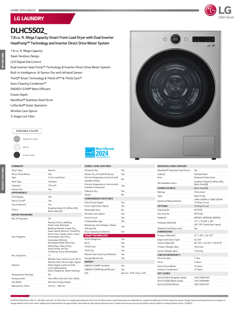 Página 1 del manual Ficha técnica LG DLHC5502V