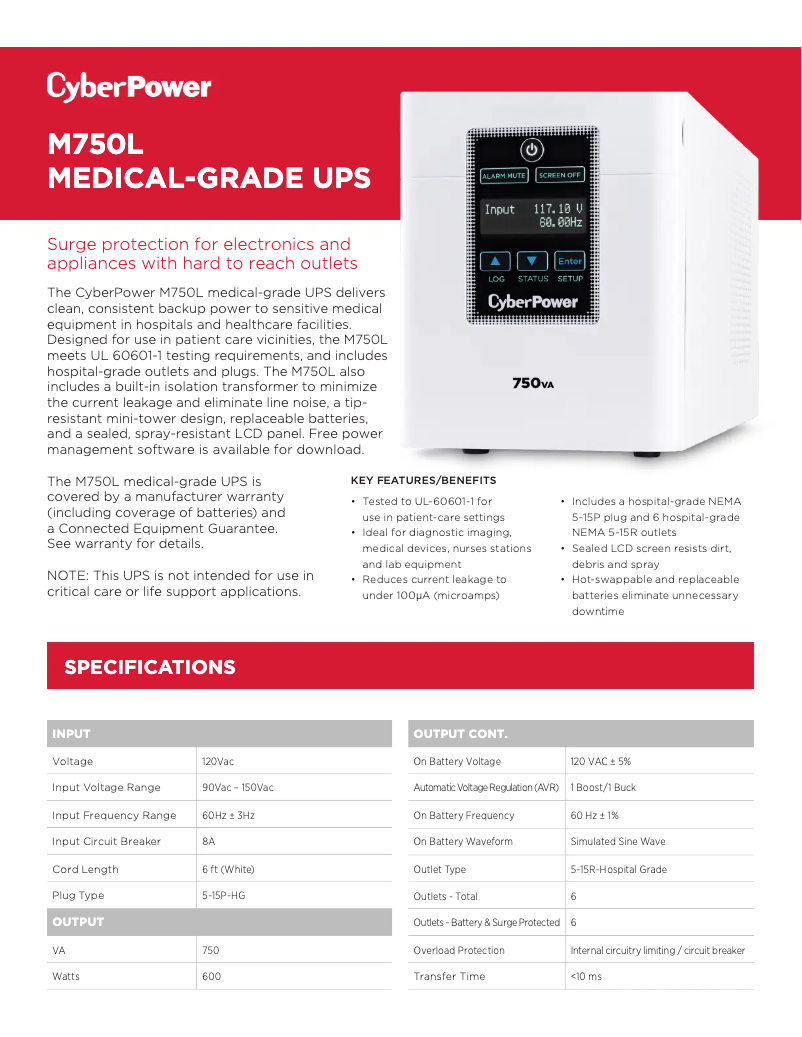 Página 1 del manual Ficha técnica CyberPower M750L