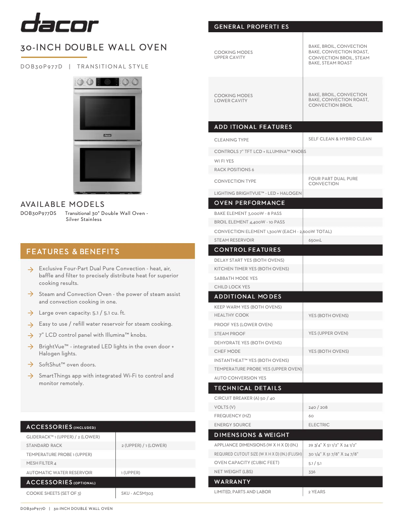 Página 1 del manual Ficha técnica Dacor DOB30P977DS