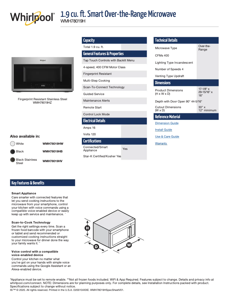 Página 1 del manual Ficha técnica Whirlpool WMH78019HZ