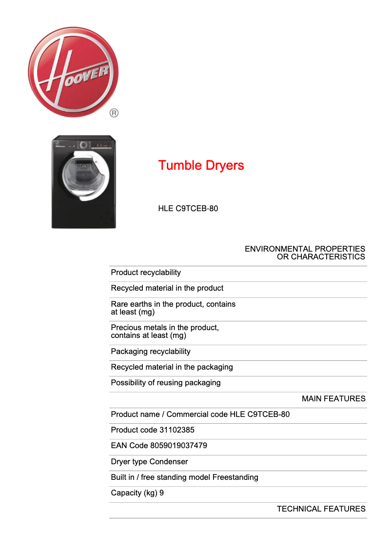 Página 1 del manual Ficha técnica Hoover HLE C9TCEB-80