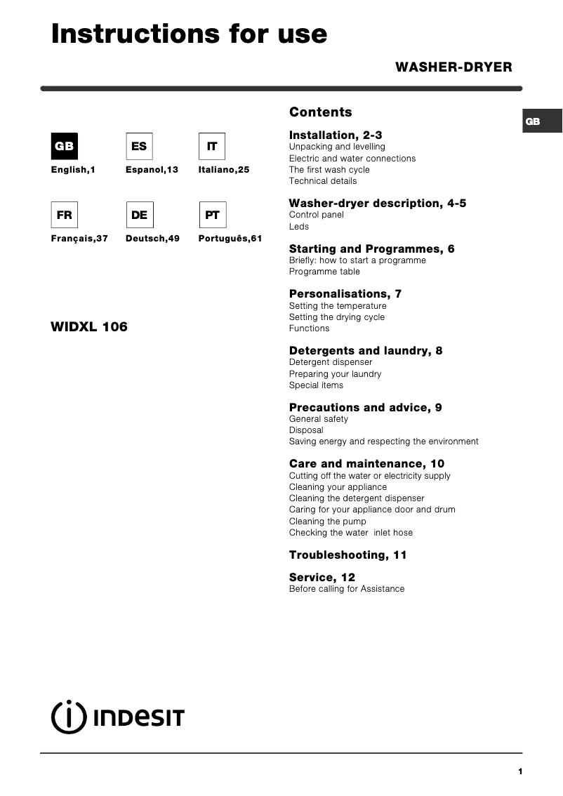 Página 1 del manual Manual de usuario Indesit WIDXL 106 EX