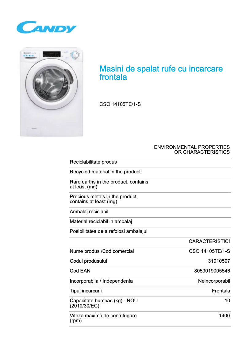 Página 1 del manual Ficha técnica Candy CSO 14105TE/1-S