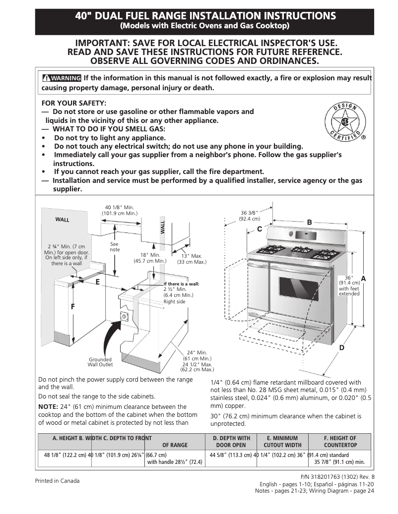 Página 1 del manual Guía de instalación Frigidaire FPDF4085KF