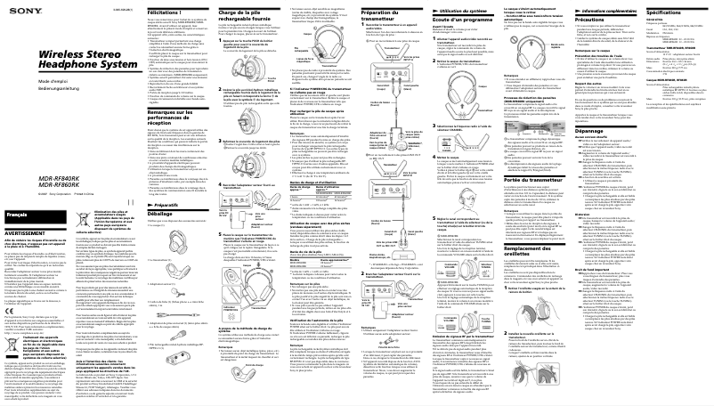 Página 1 del manual Manual de usuario Sony MDR-RF840RK