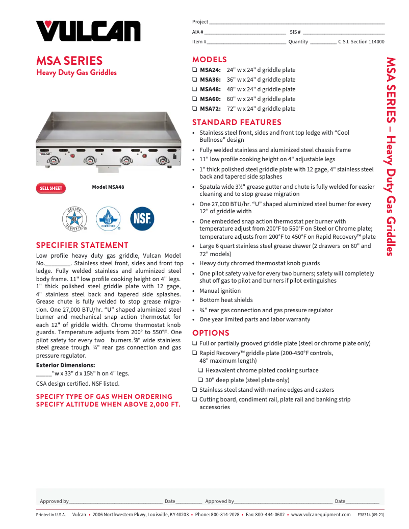 Página 1 del manual Ficha técnica Vulcan MSA36