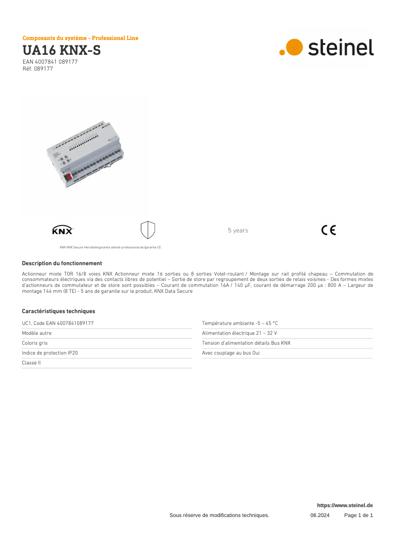 Página 1 del manual Ficha técnica Steinel UA16 KNX