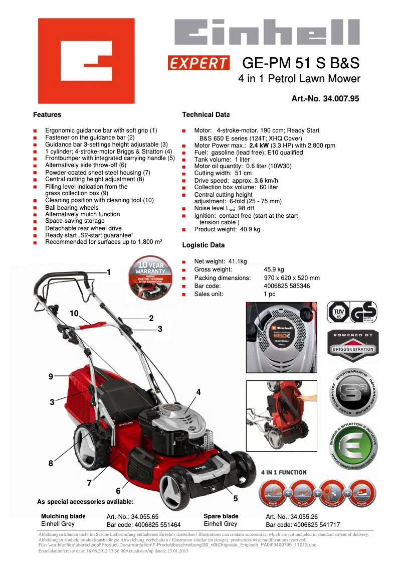 Página 1 del manual Ficha técnica Einhell GE-PM 51 S B&S