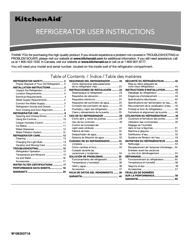 Página nº 1 - Manual de uso y mantenimiento KitchenAid KRFF302ESS
