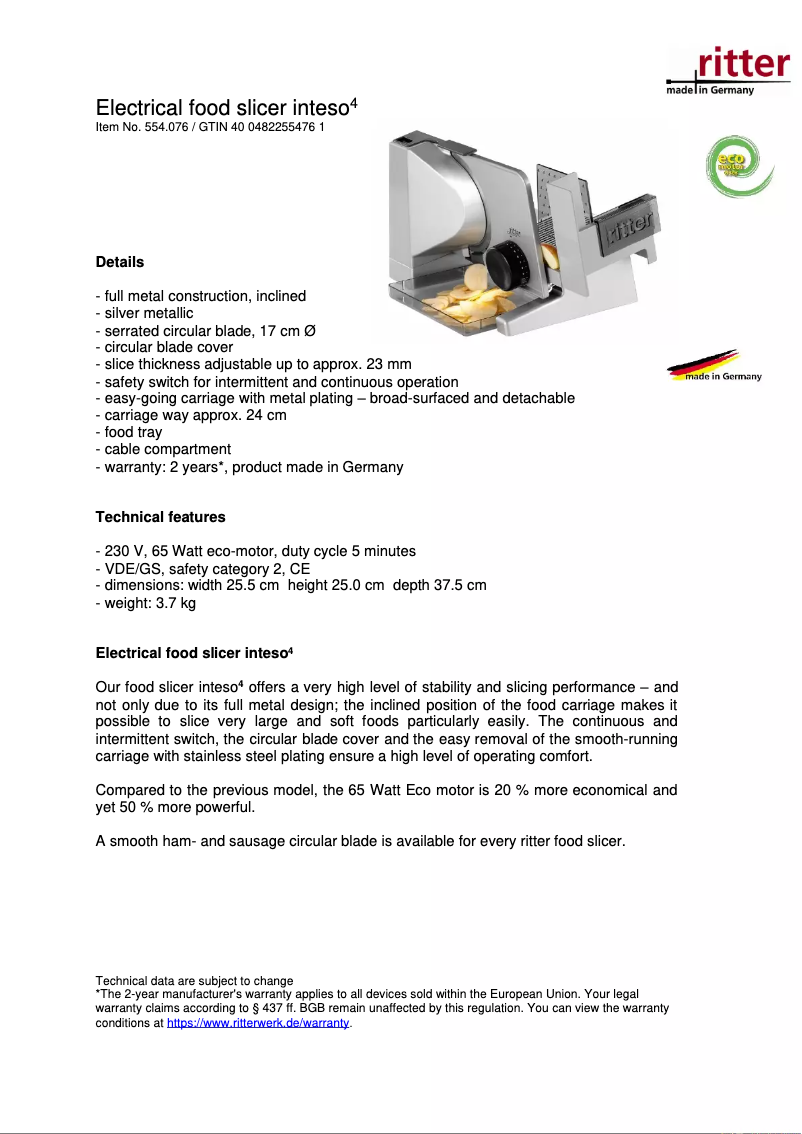Página 1 del manual Ficha técnica Ritter inteso4