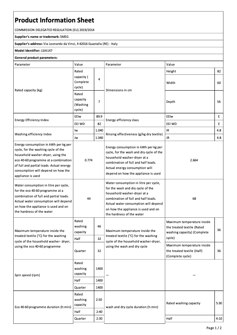 Página 1 del manual Folleto Smeg LSIA147