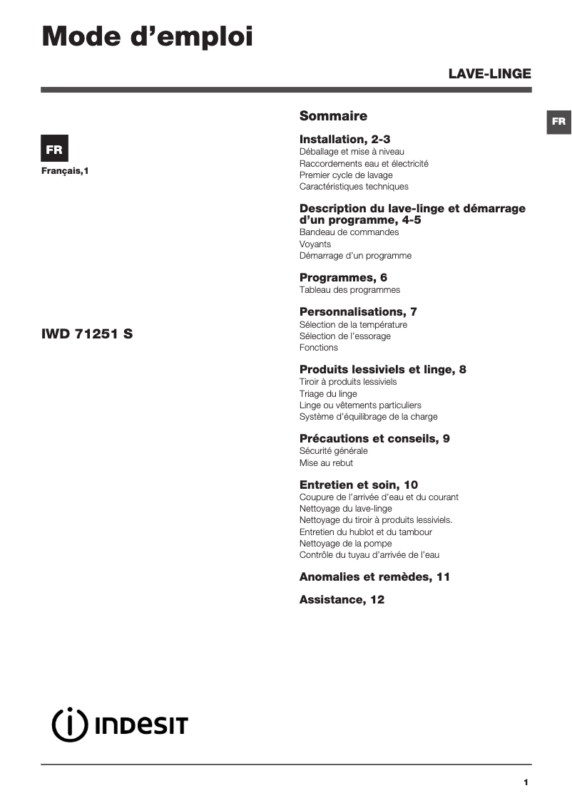 Página 1 del manual Manual de usuario Indesit IWD 71251 S C (FR)