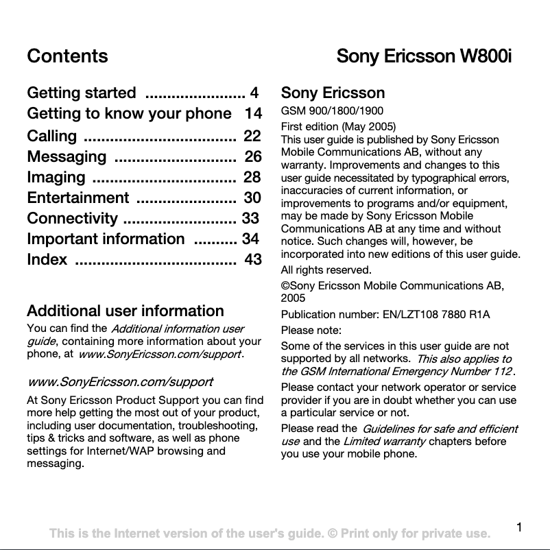 Imagen de la primera página del manual del dispositivo Ericsson W800i