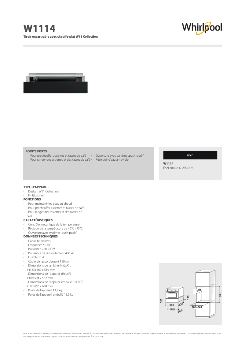 Página 1 del manual Ficha técnica Whirlpool W1114