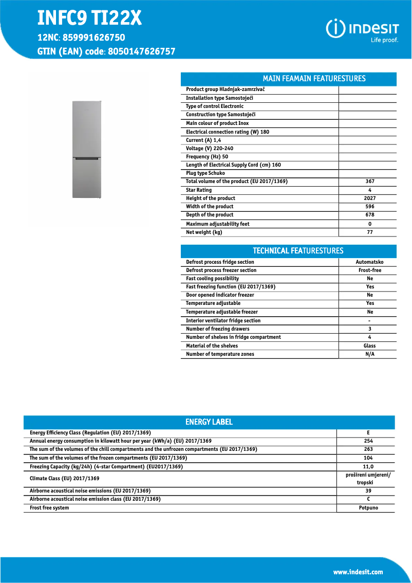 Página 1 del manual Ficha técnica Indesit INFC9 TI22X