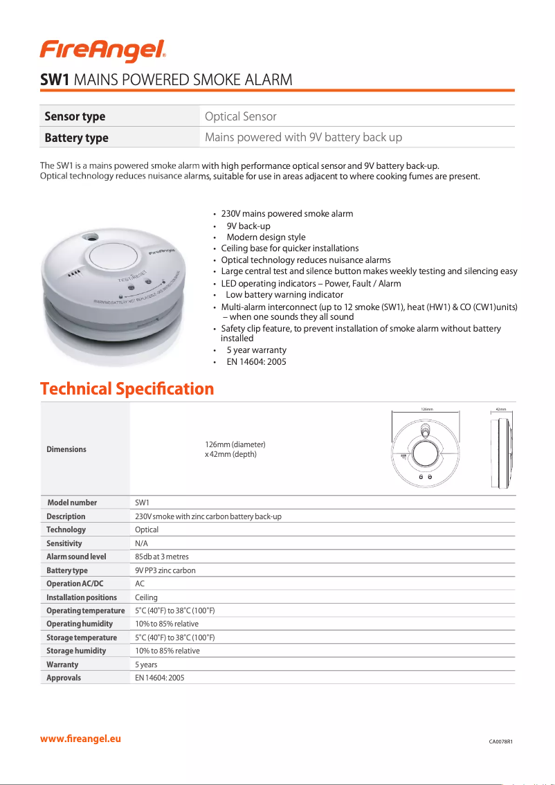 Página 1 del manual Ficha técnica FireAngel SW1-R