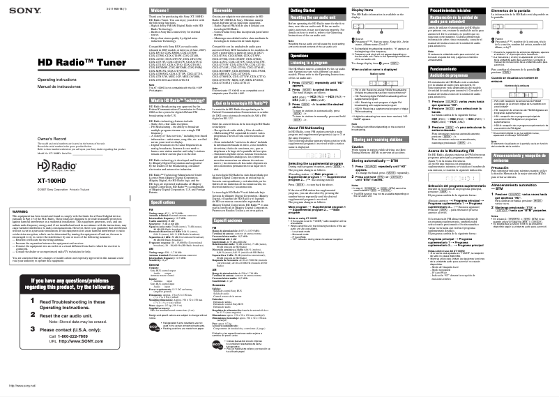 Página 1 del manual Manual de usuario Sony XT-100HD